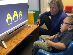 Lekotek leader assesses child on the computer